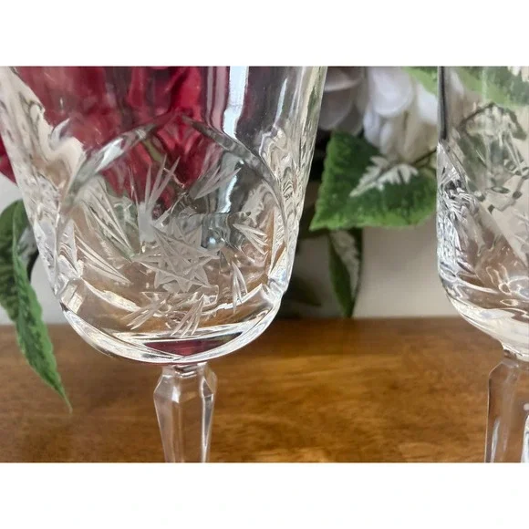 Vintage Bohemia Crystal Pinwheel Cut Cordial Glasses Etched Stemware Pair - Picture 5 of 8